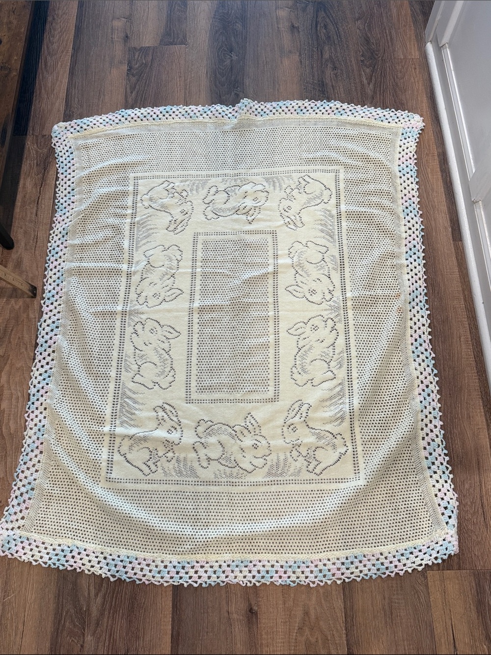 Handmade Crochet Bunny Blanket in yellow Cream with Pastel Border